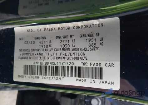 2020 Mazda Mazda3 Preferred Package из США, поврежденный, VIN JM1BPBDMXL1171320